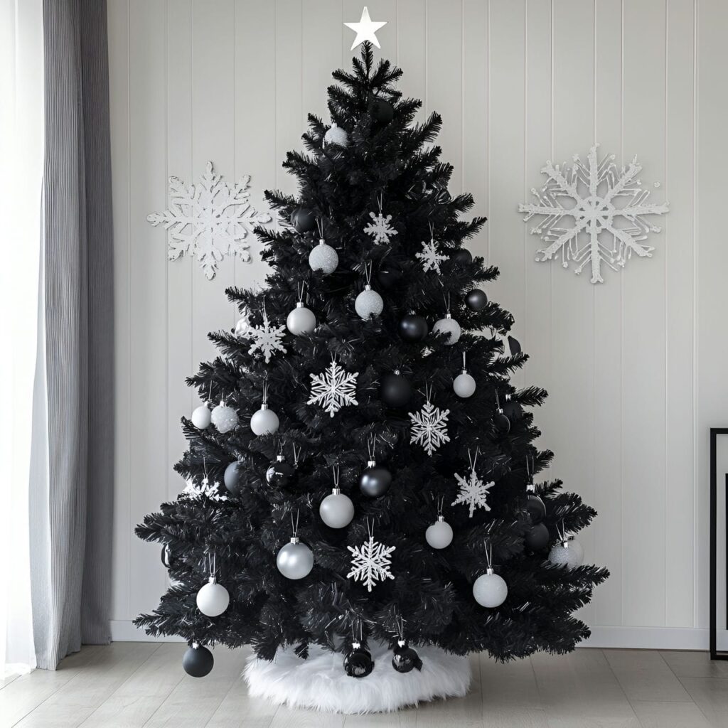 06. Black Tree with White Ornaments for Bold Contrast