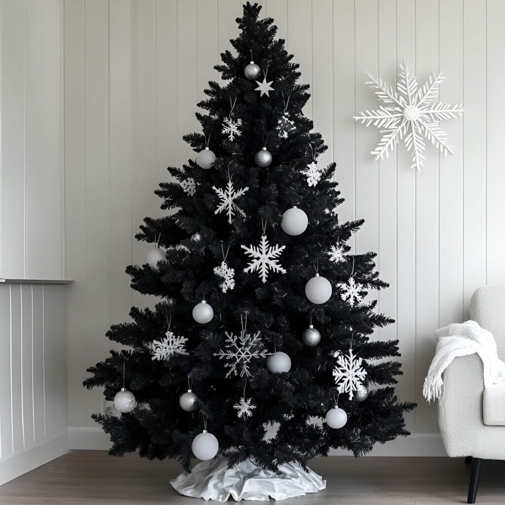 06. Black Tree with White Ornaments for Bold Contrast