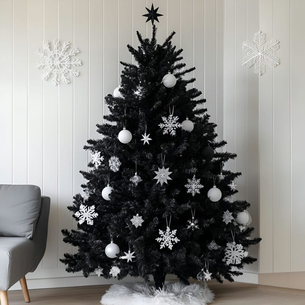 06. Black Tree with White Ornaments for Bold Contrast