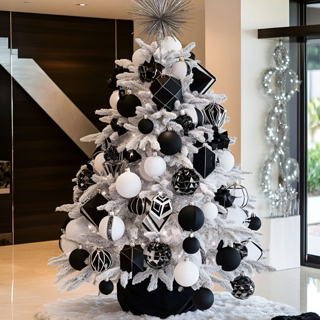 29. Black & White Art Deco Tree with Geometric Ornaments