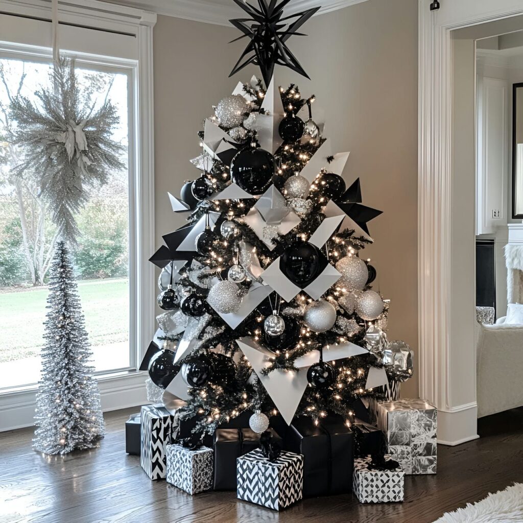 29. Black & White Art Deco Tree with Geometric Ornaments