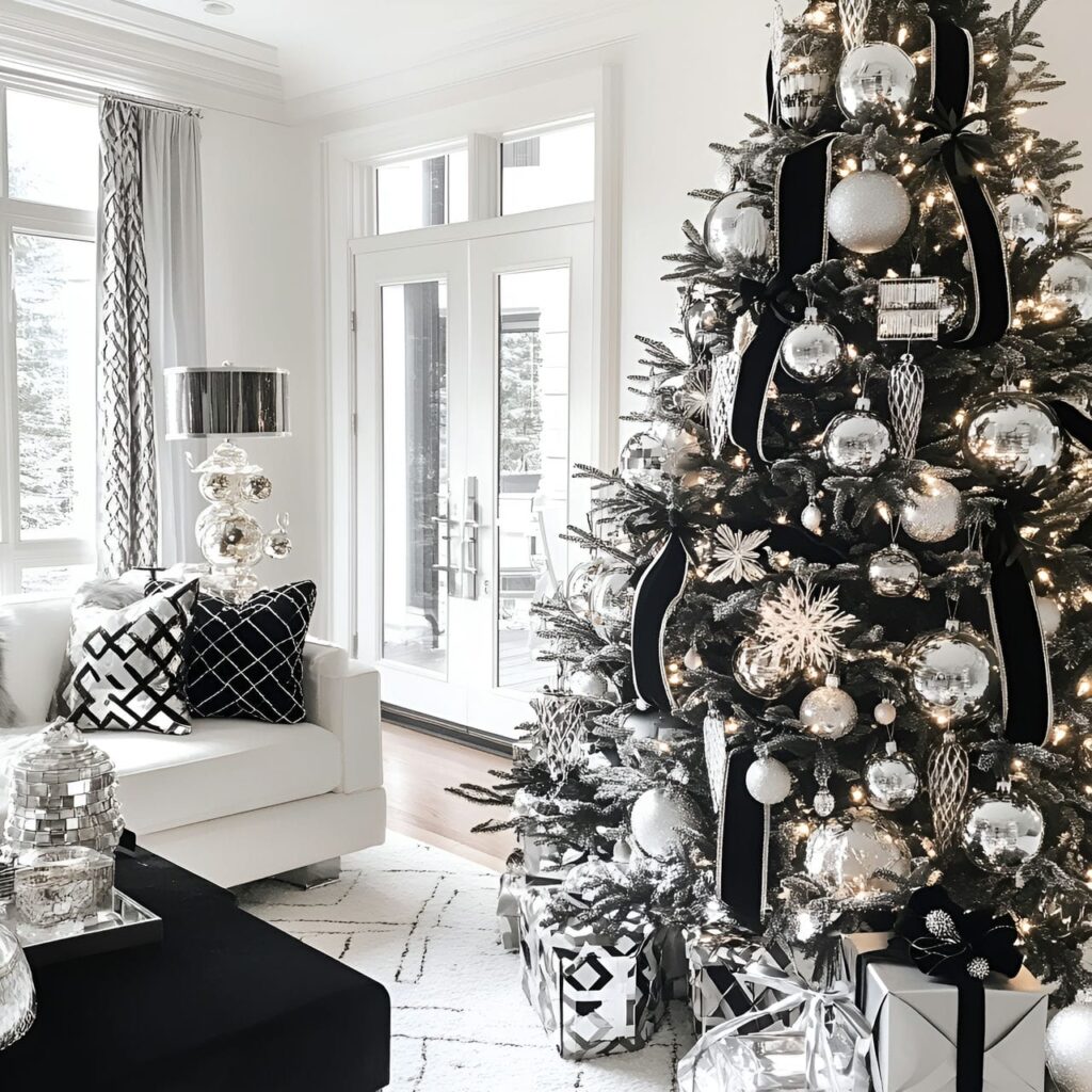 29. Black & White Art Deco Tree with Geometric Ornaments