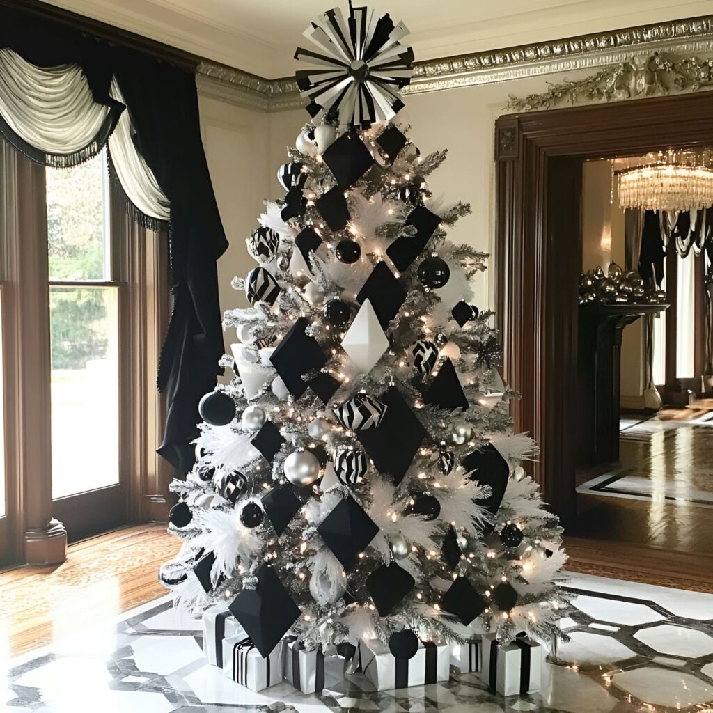 29. Black & White Art Deco Tree with Geometric Ornaments