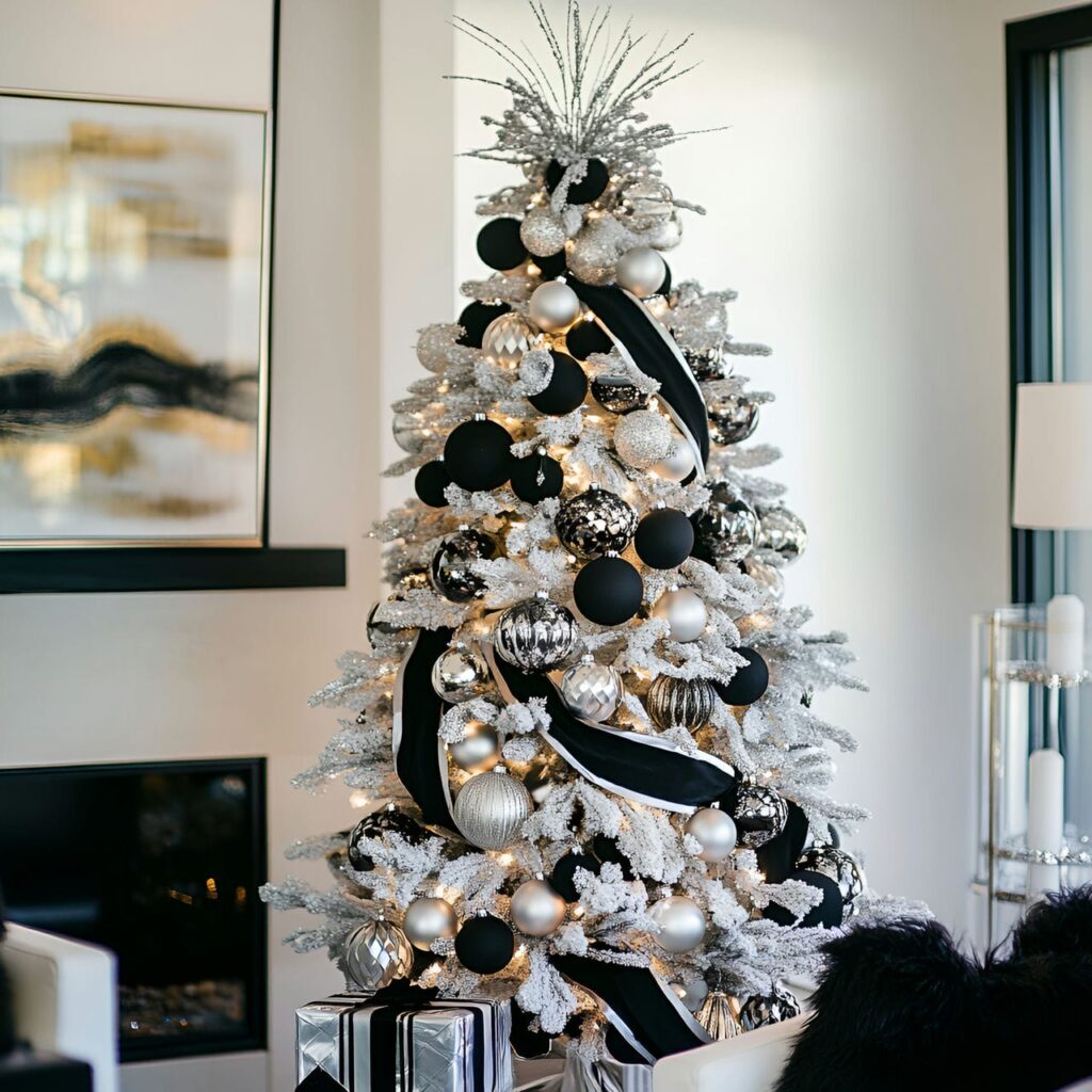 29. Black & White Art Deco Tree with Geometric Ornaments