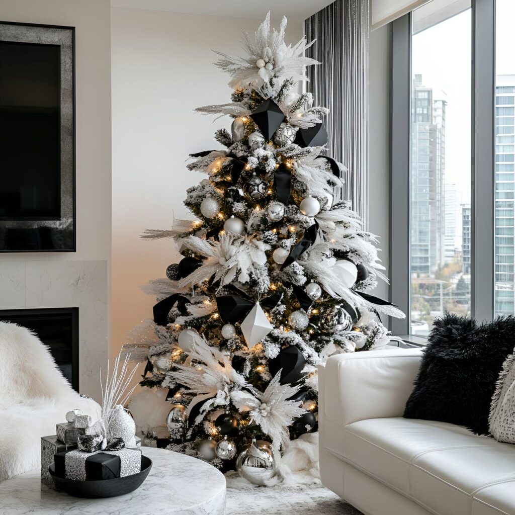 29. Black & White Art Deco Tree with Geometric Ornaments