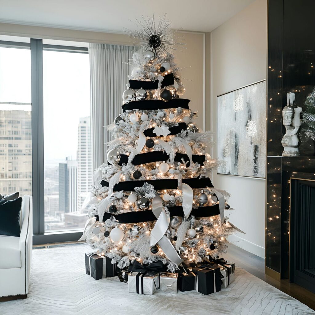 29. Black & White Art Deco Tree with Geometric Ornaments