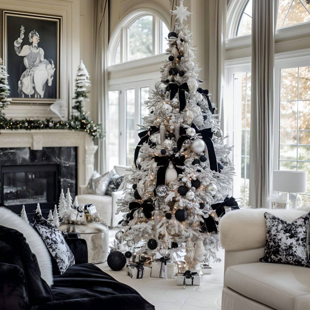 03. Black & White Glam Christmas Tree with Glitter Ornaments