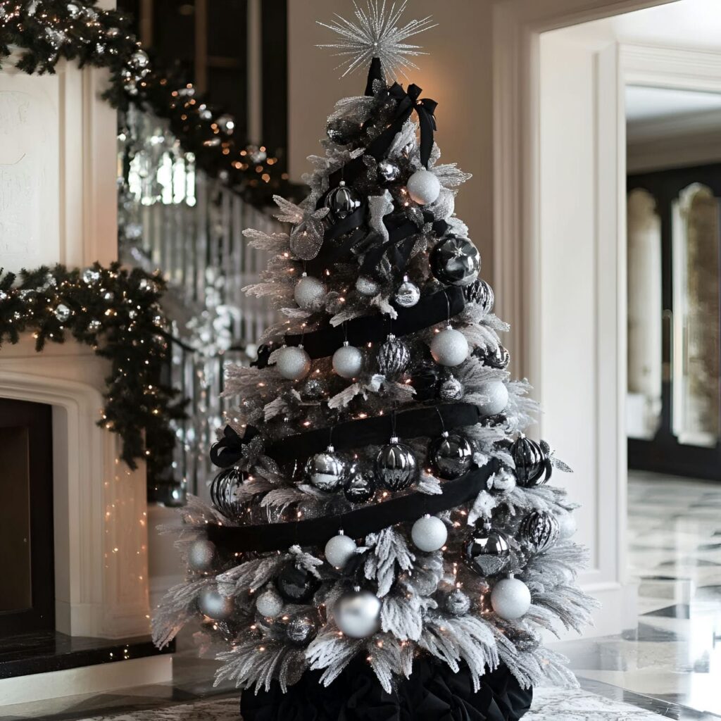 03. Black & White Glam Christmas Tree with Glitter Ornaments