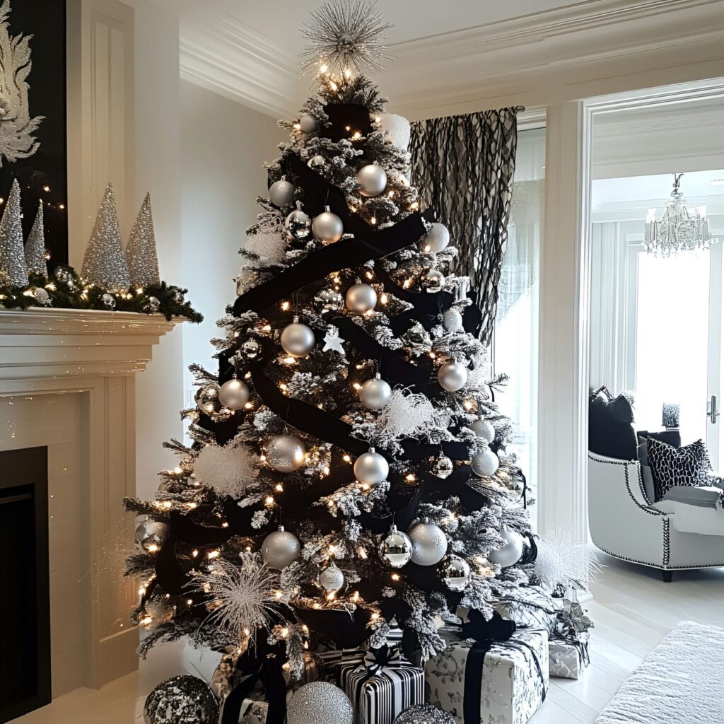 03. Black & White Glam Christmas Tree with Glitter Ornaments