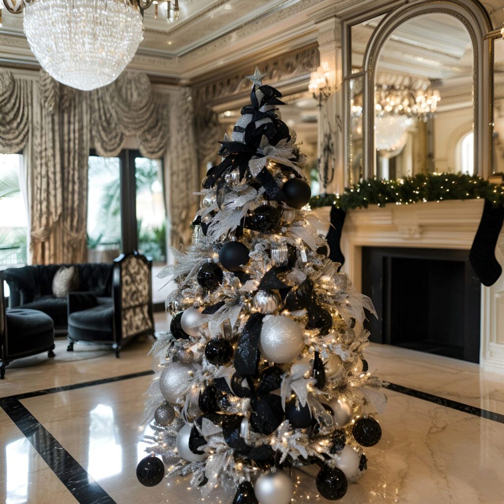 03. Black & White Glam Christmas Tree with Glitter Ornaments