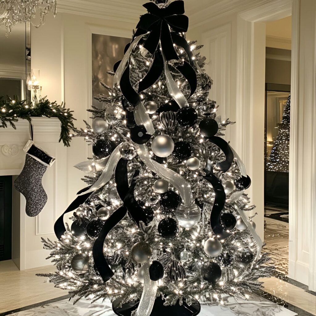 03. Black & White Glam Christmas Tree with Glitter Ornaments