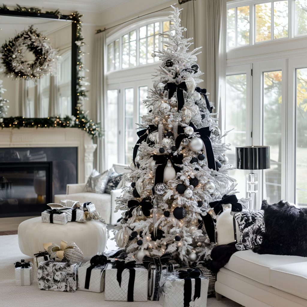 03. Black & White Glam Christmas Tree with Glitter Ornaments