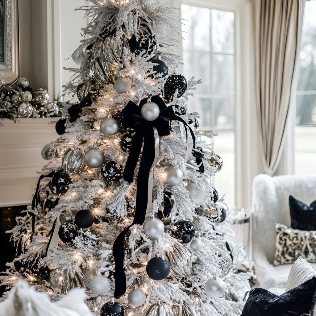 03. Black & White Glam Christmas Tree with Glitter Ornaments