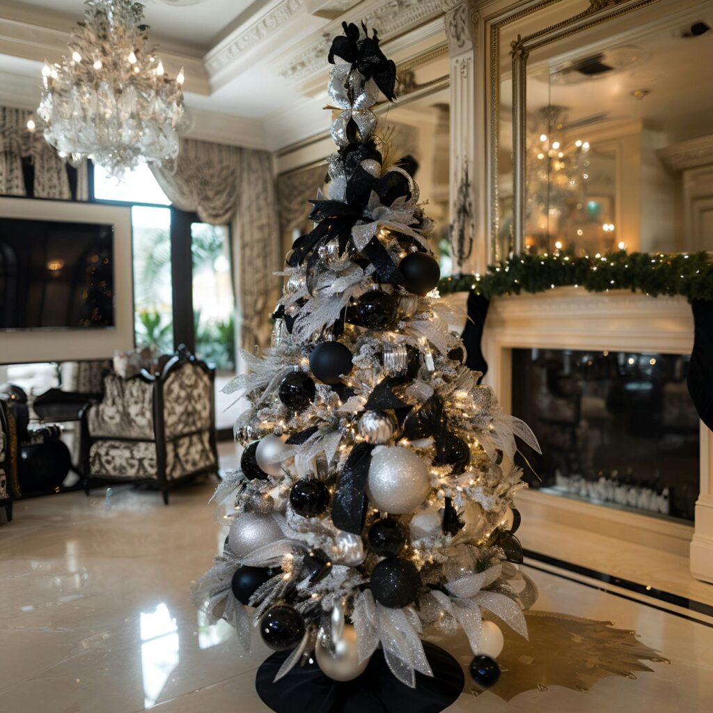 03. Black & White Glam Christmas Tree with Glitter Ornaments