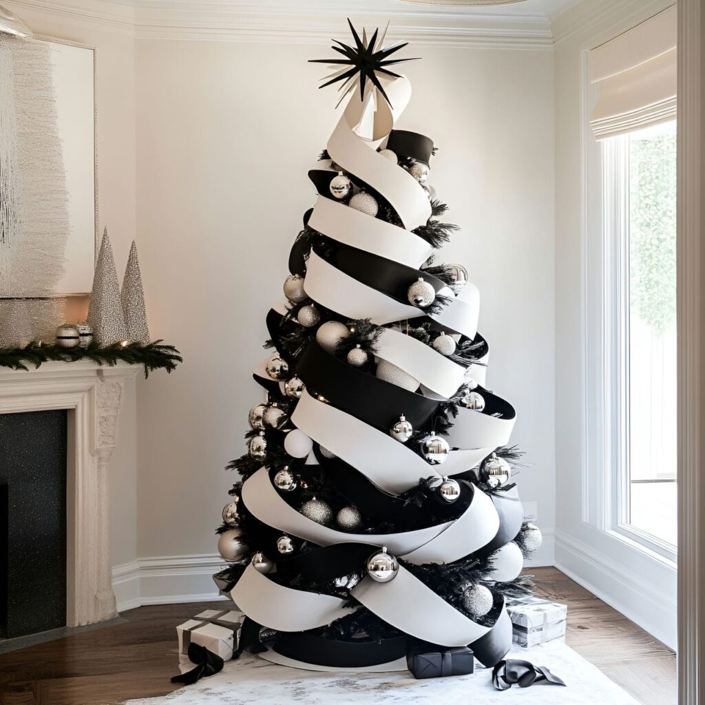 12. Black & White Modern Tree with Geometric Decorations