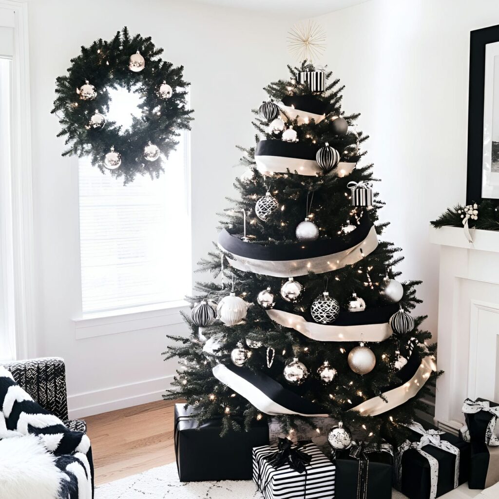 12. Black & White Modern Tree with Geometric Decorations