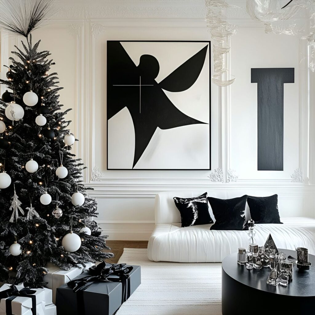 12. Black & White Modern Tree with Geometric Decorations