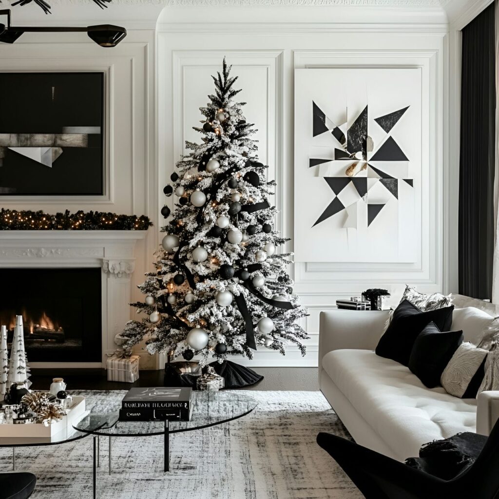 12. Black & White Modern Tree with Geometric Decorations