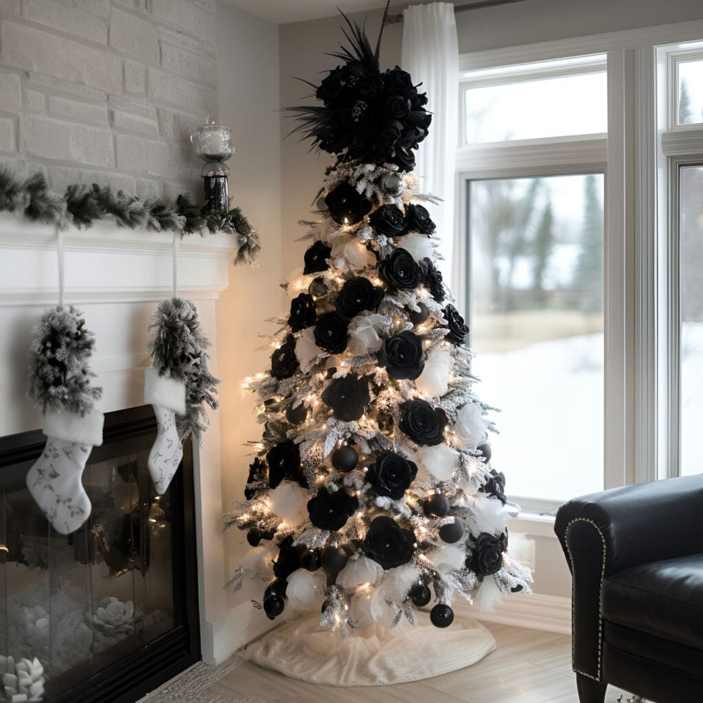 25. Black & White Tree with Black Roses for a Gothic Edge