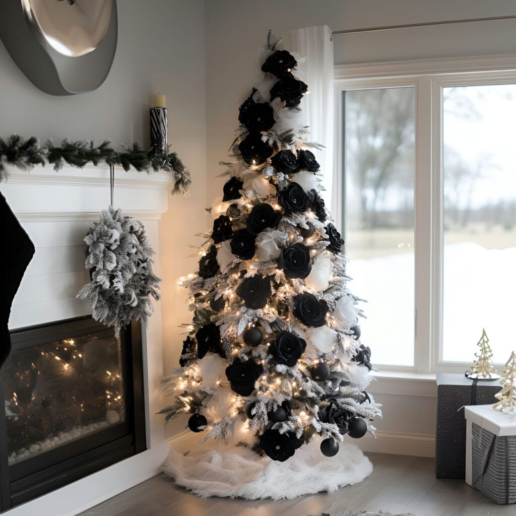 25. Black & White Tree with Black Roses for a Gothic Edge