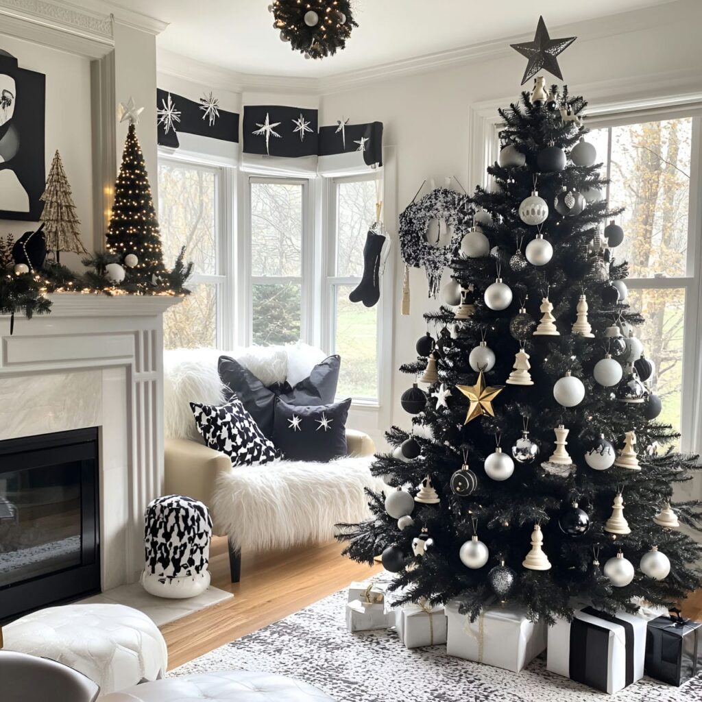 27. Black & White Tree with Checkered Ornaments for Playful Style