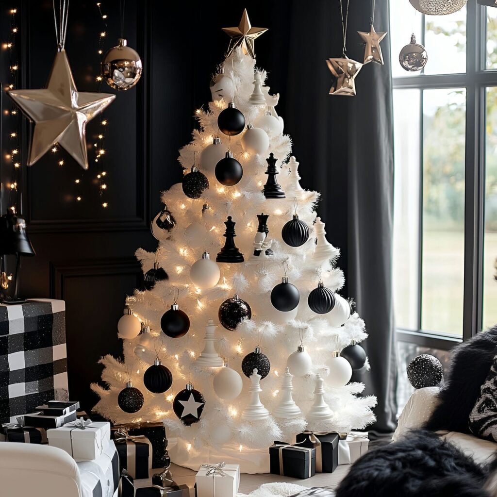 27. Black & White Tree with Checkered Ornaments for Playful Style