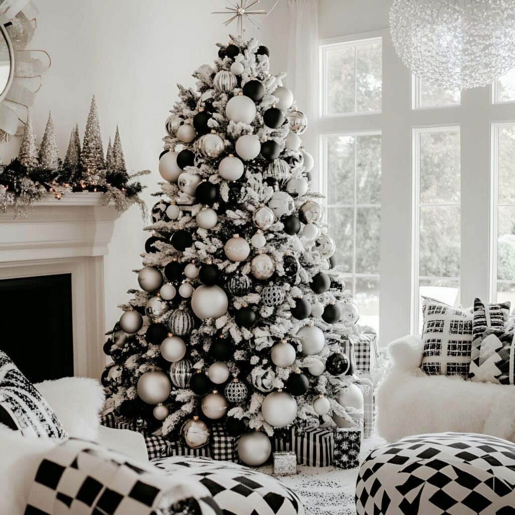 27. Black & White Tree with Checkered Ornaments for Playful Style