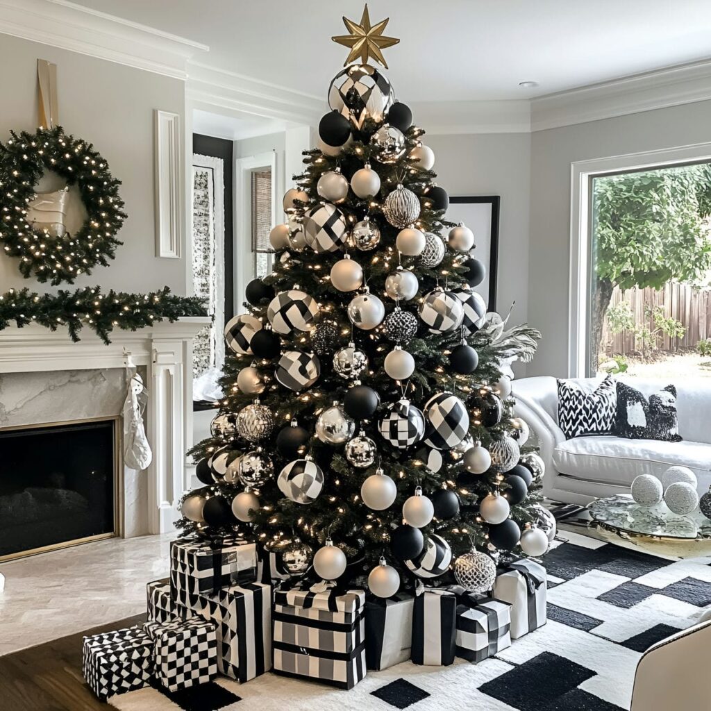 27. Black & White Tree with Checkered Ornaments for Playful Style