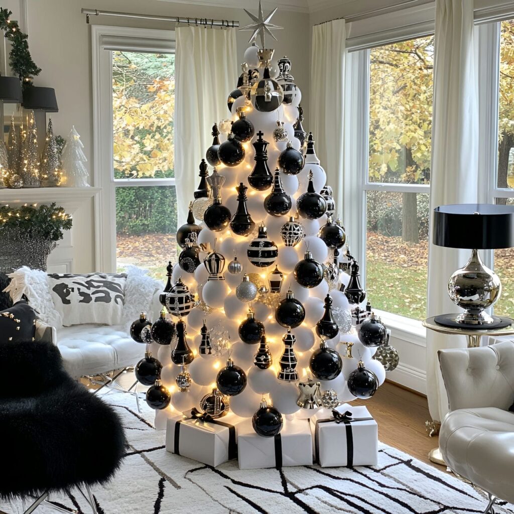 27. Black & White Tree with Checkered Ornaments for Playful Style