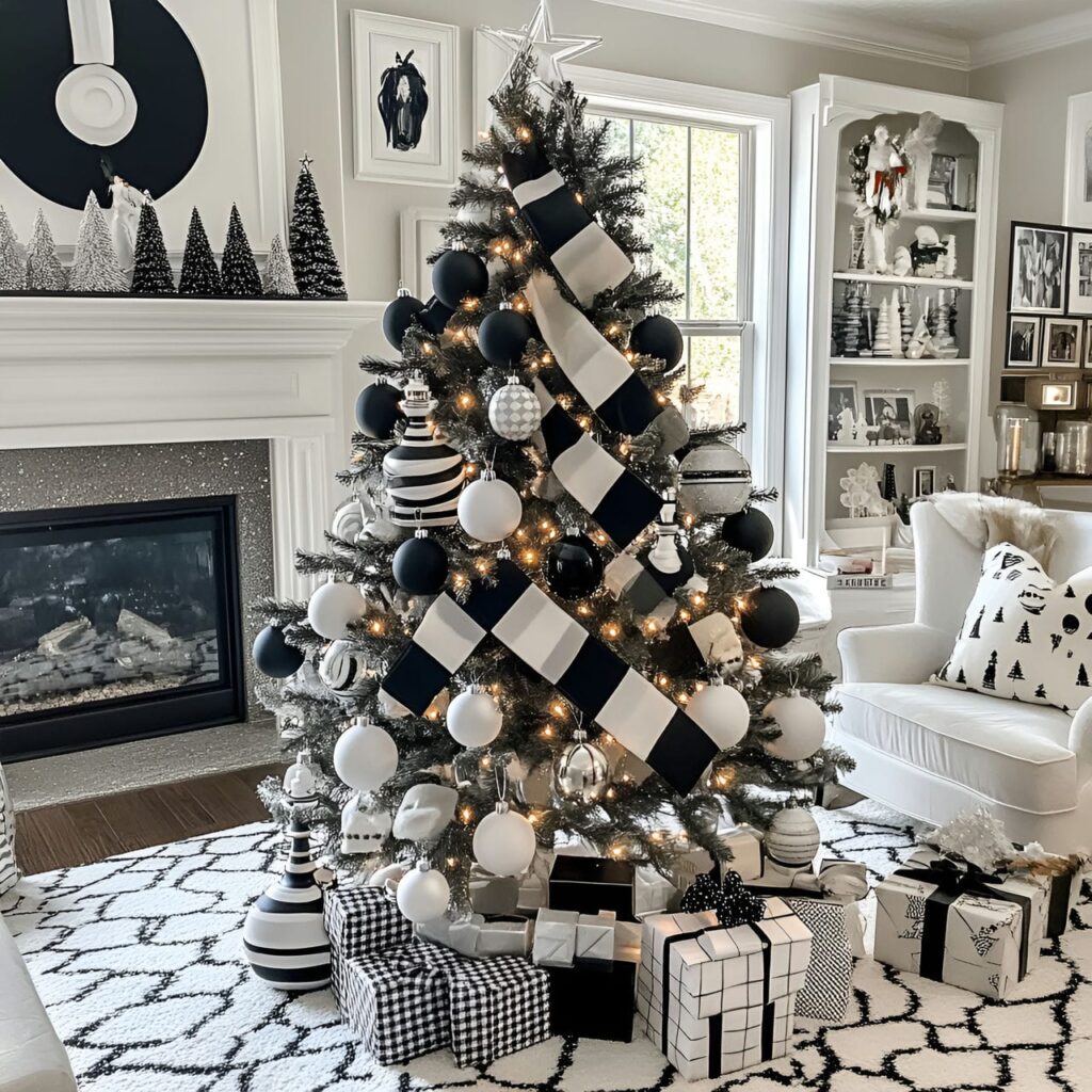 27. Black & White Tree with Checkered Ornaments for Playful Style