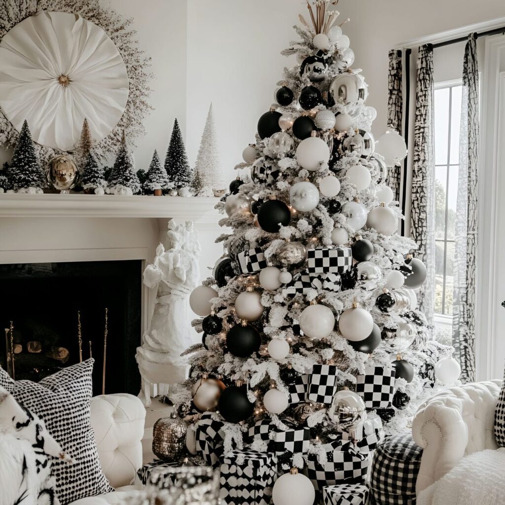 27. Black & White Tree with Checkered Ornaments for Playful Style