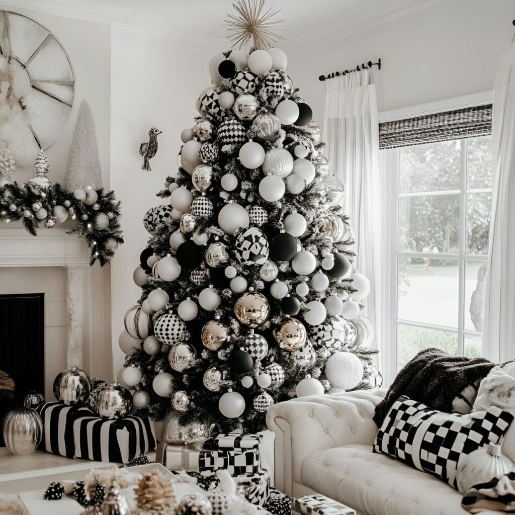 27. Black & White Tree with Checkered Ornaments for Playful Style