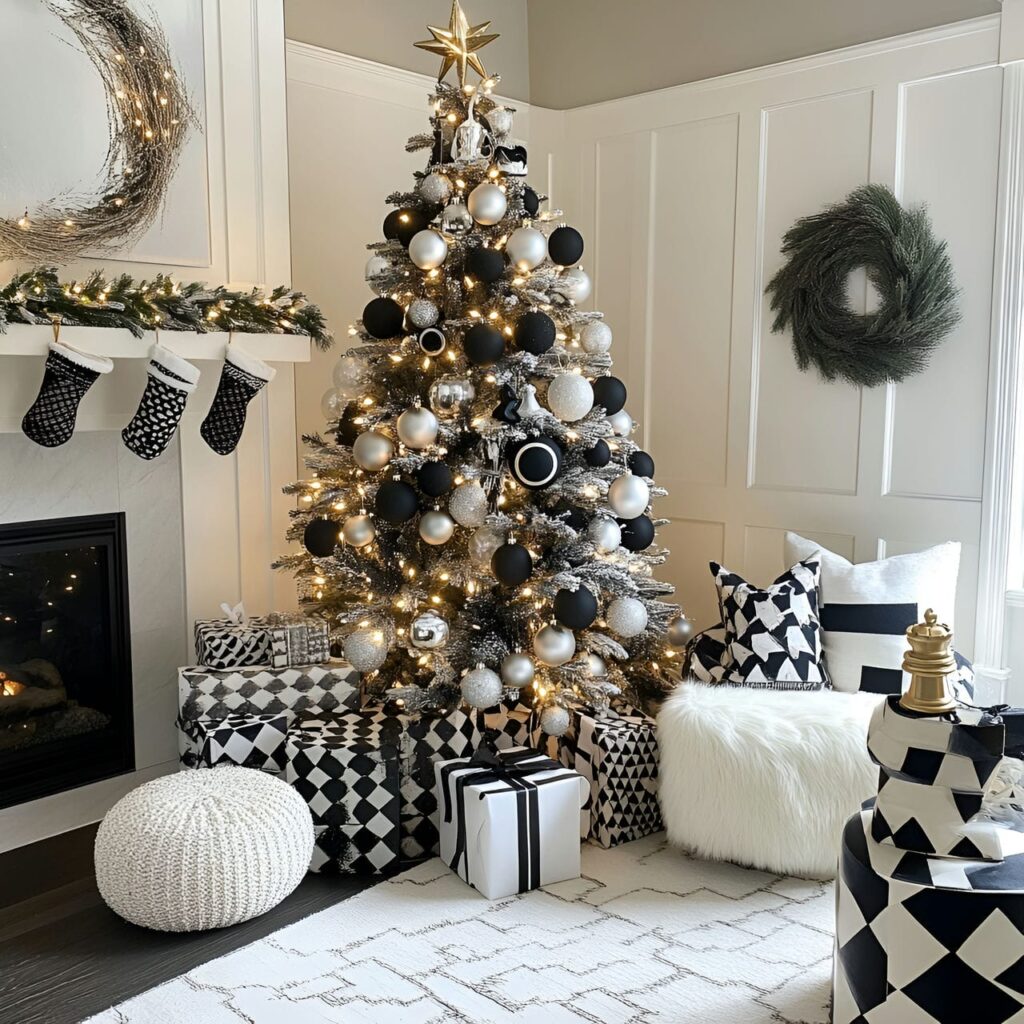 27. Black & White Tree with Checkered Ornaments for Playful Style