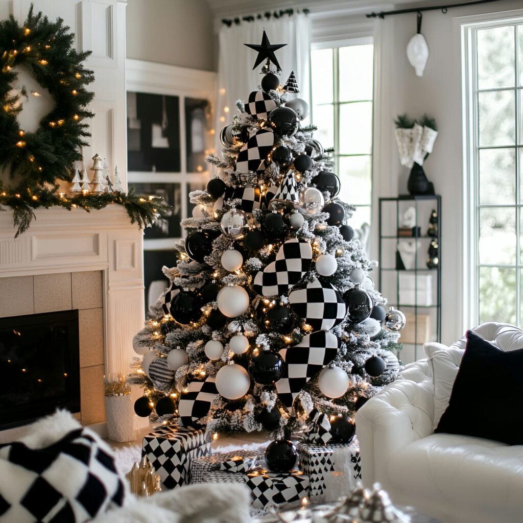 27. Black & White Tree with Checkered Ornaments for Playful Style