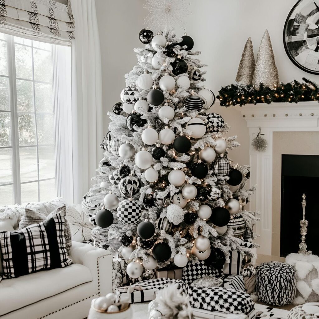 27. Black & White Tree with Checkered Ornaments for Playful Style