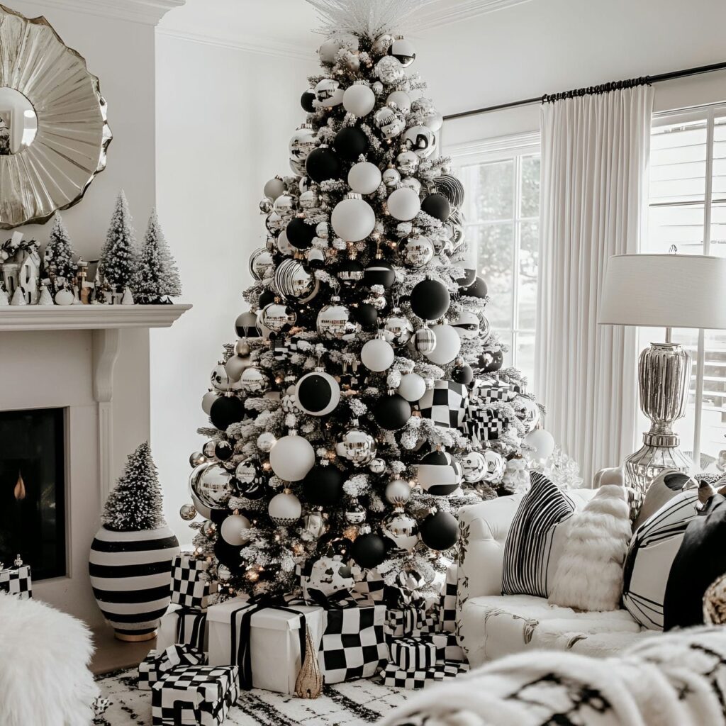 27. Black & White Tree with Checkered Ornaments for Playful Style