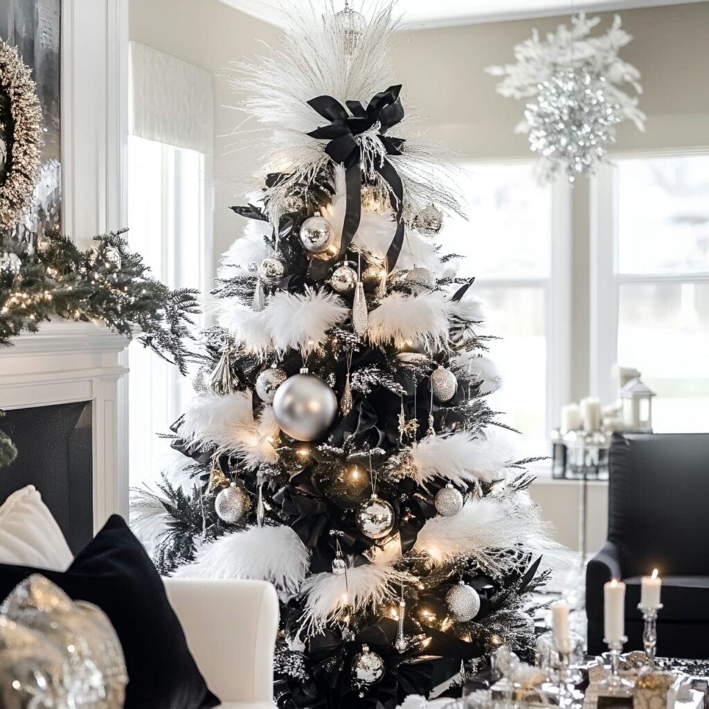 26. Black & White Tree with Feathers & Glitter for Shine