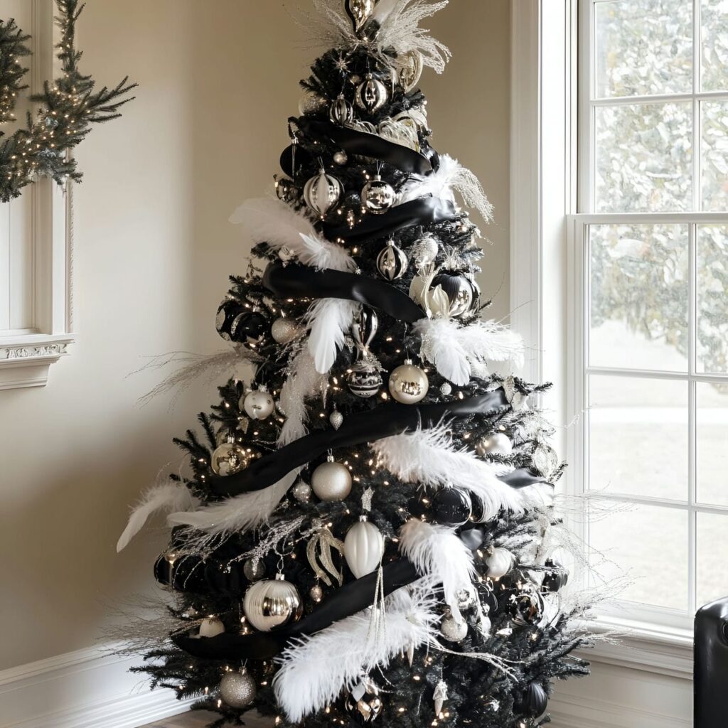 26. Black & White Tree with Feathers & Glitter for Shine