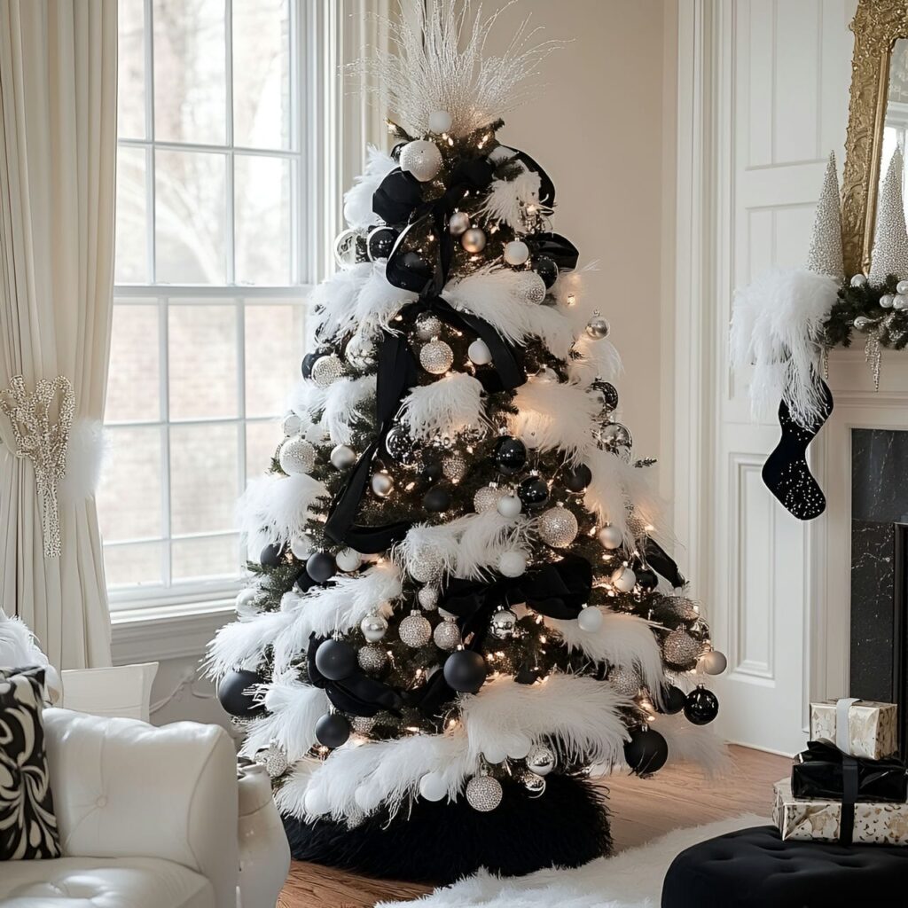 26. Black & White Tree with Feathers & Glitter for Shine