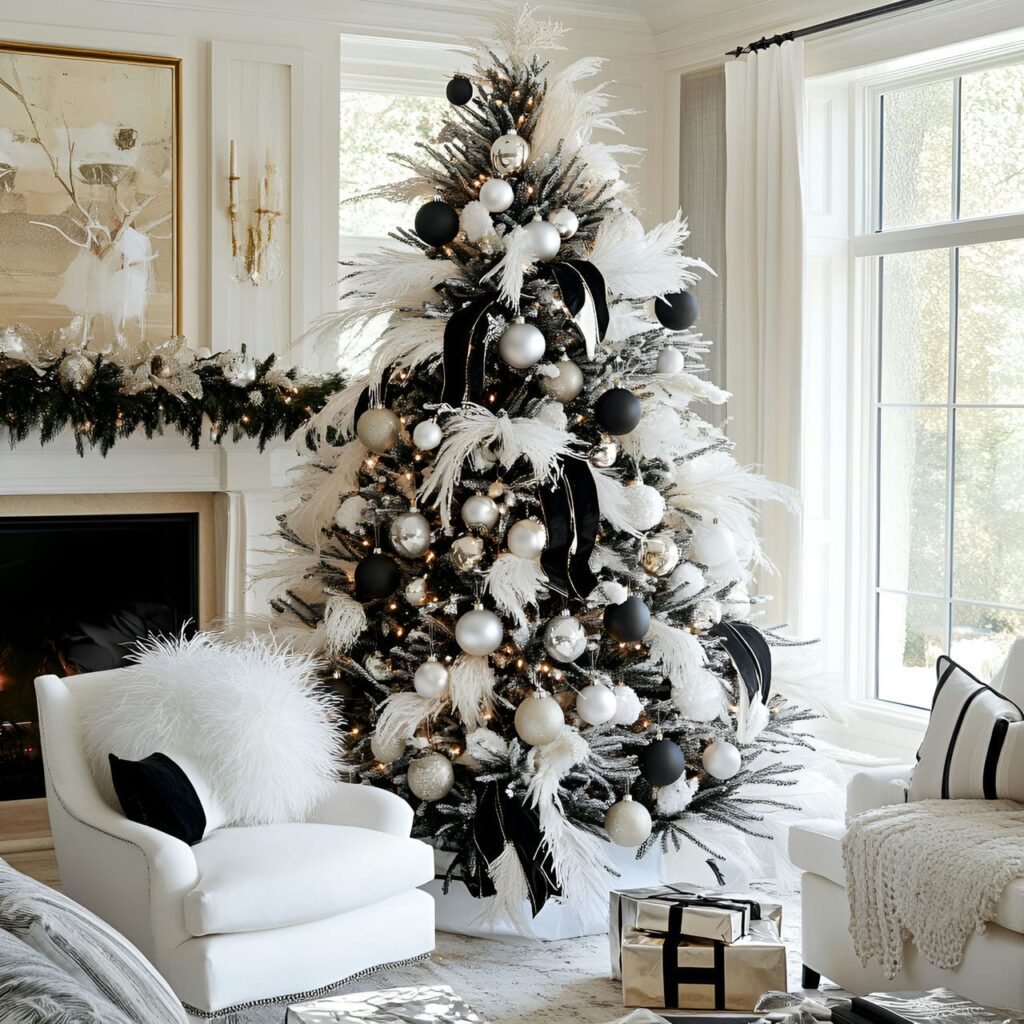 26. Black & White Tree with Feathers & Glitter for Shine