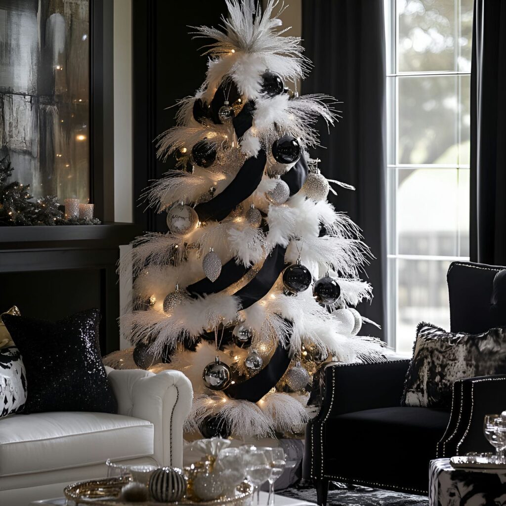 26. Black & White Tree with Feathers & Glitter for Shine