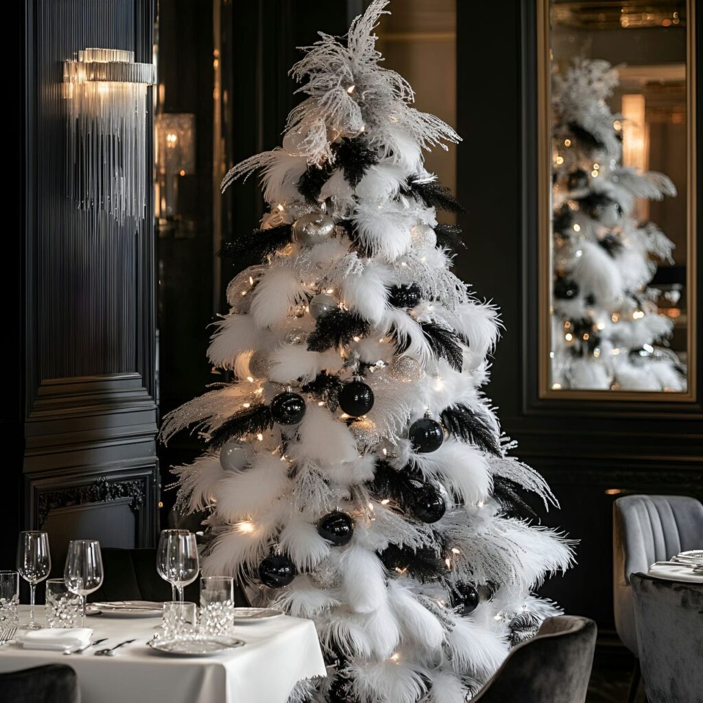 22. Black & White Tree with Feathers & Pearls for Soft Elegance