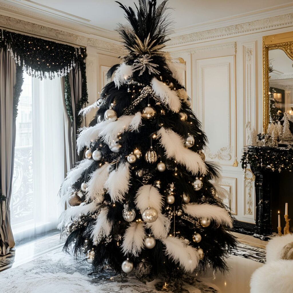 22. Black & White Tree with Feathers & Pearls for Soft Elegance