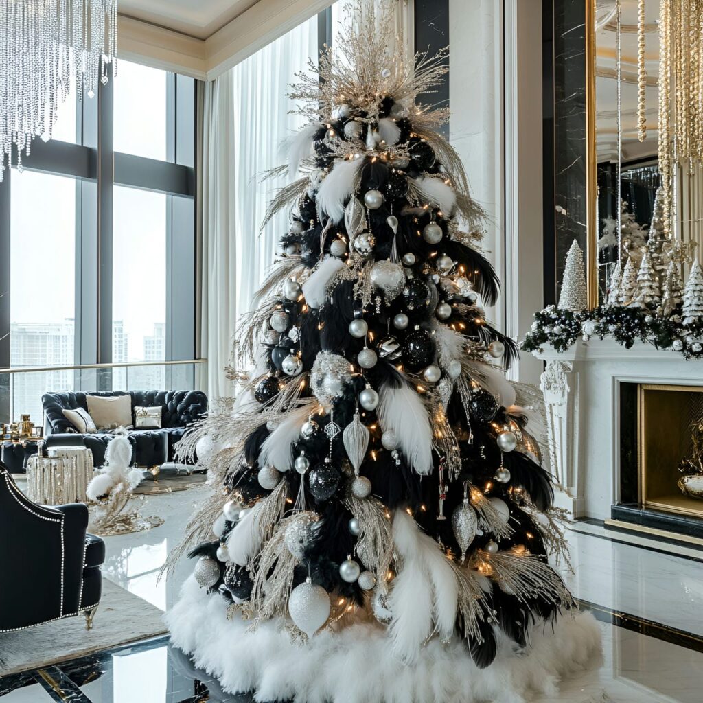 22. Black & White Tree with Feathers & Pearls for Soft Elegance