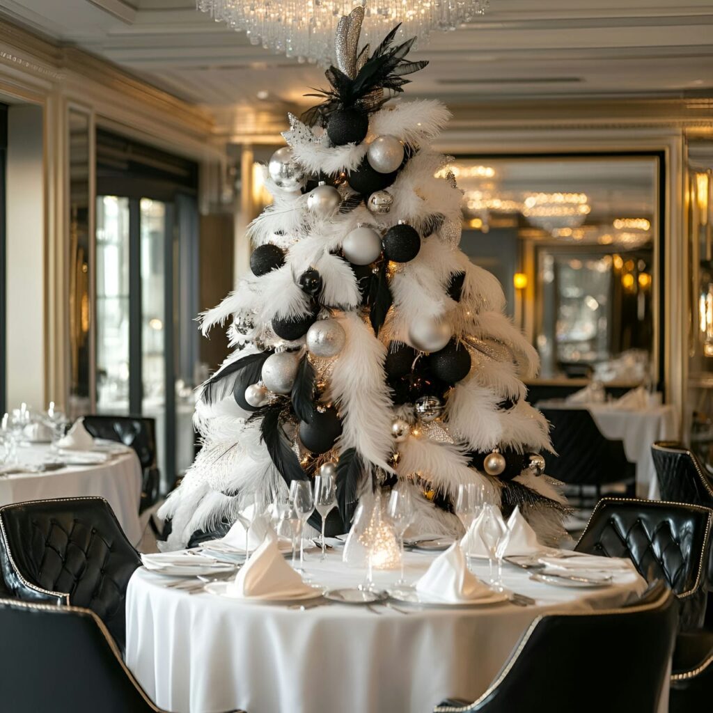 22. Black & White Tree with Feathers & Pearls for Soft Elegance