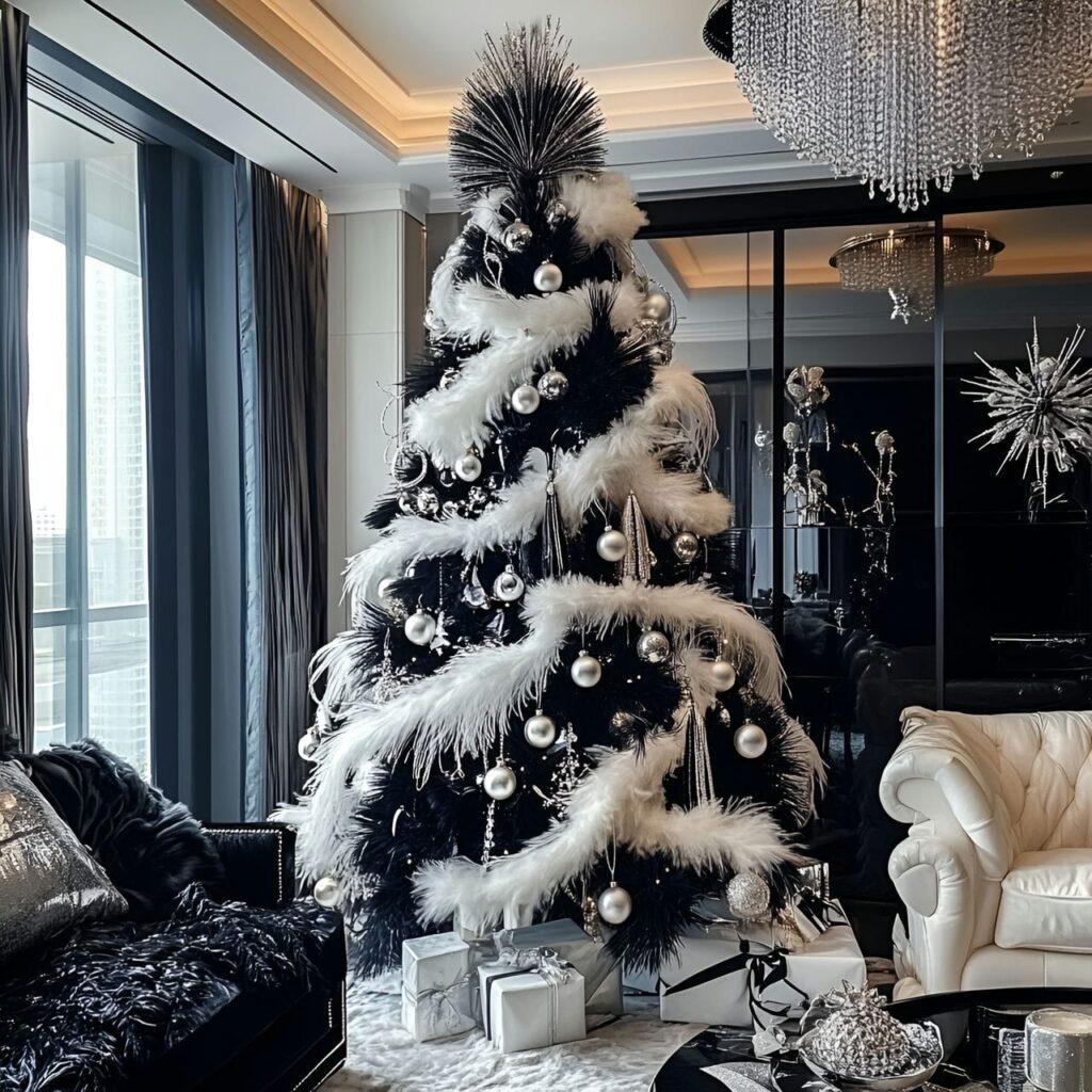 22. Black & White Tree with Feathers & Pearls for Soft Elegance