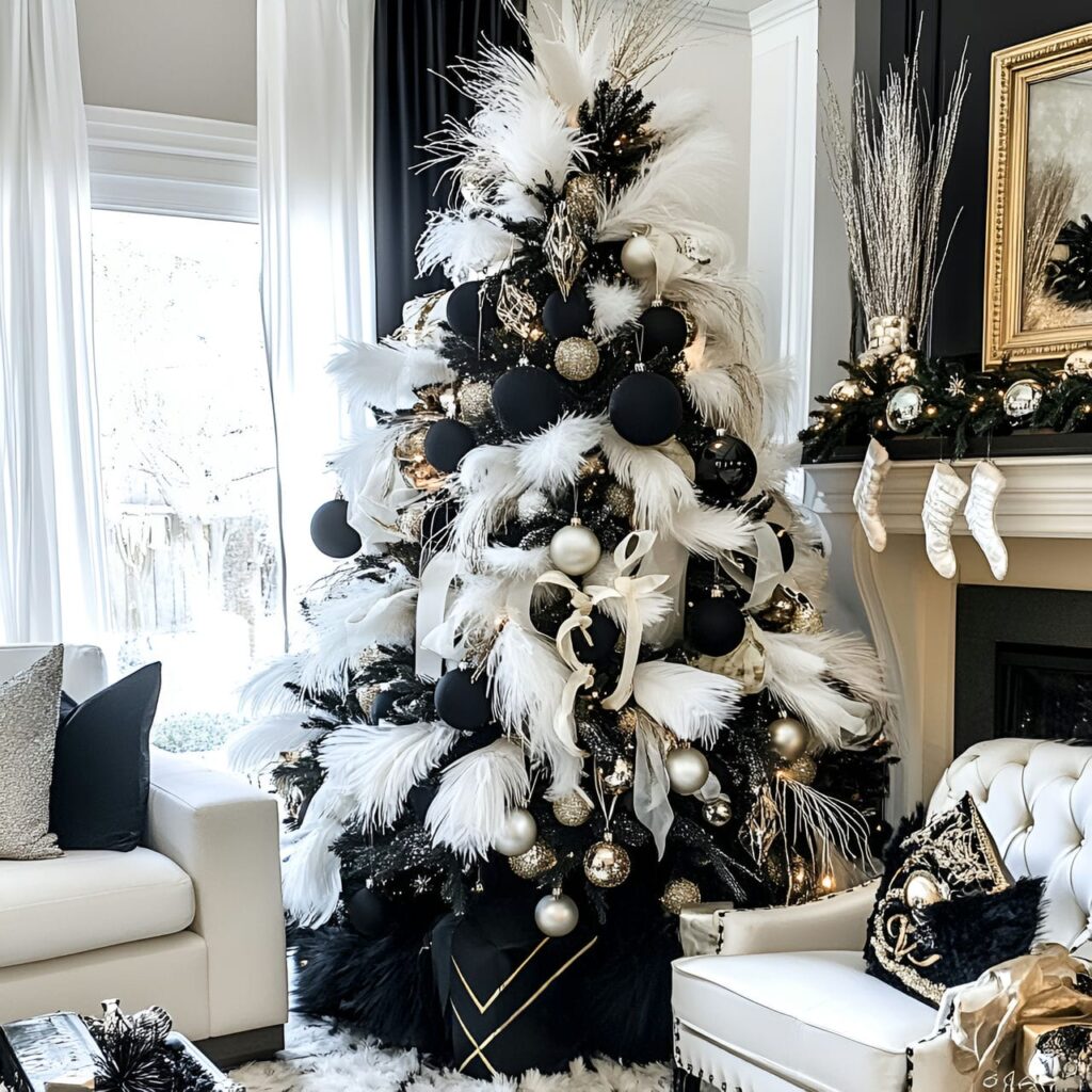 08. Black & White Tree with Feathers for Luxurious Texture