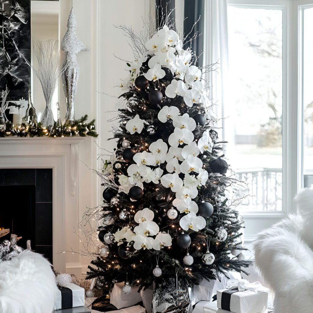 24. Black & White Tree with Floral Accents for Fresh Details