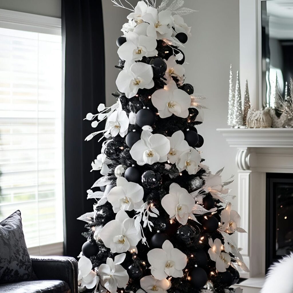 24. Black & White Tree with Floral Accents for Fresh Details