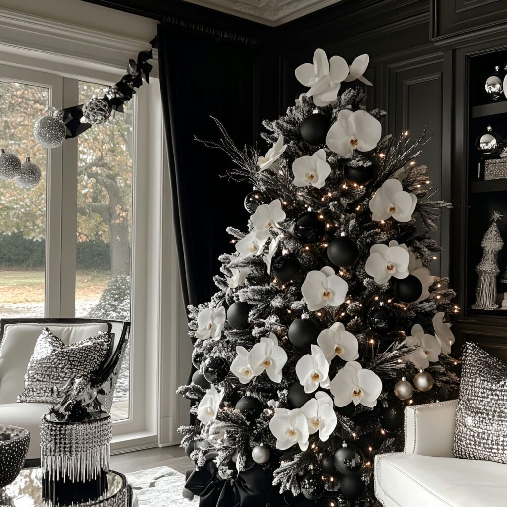 24. Black & White Tree with Floral Accents for Fresh Details